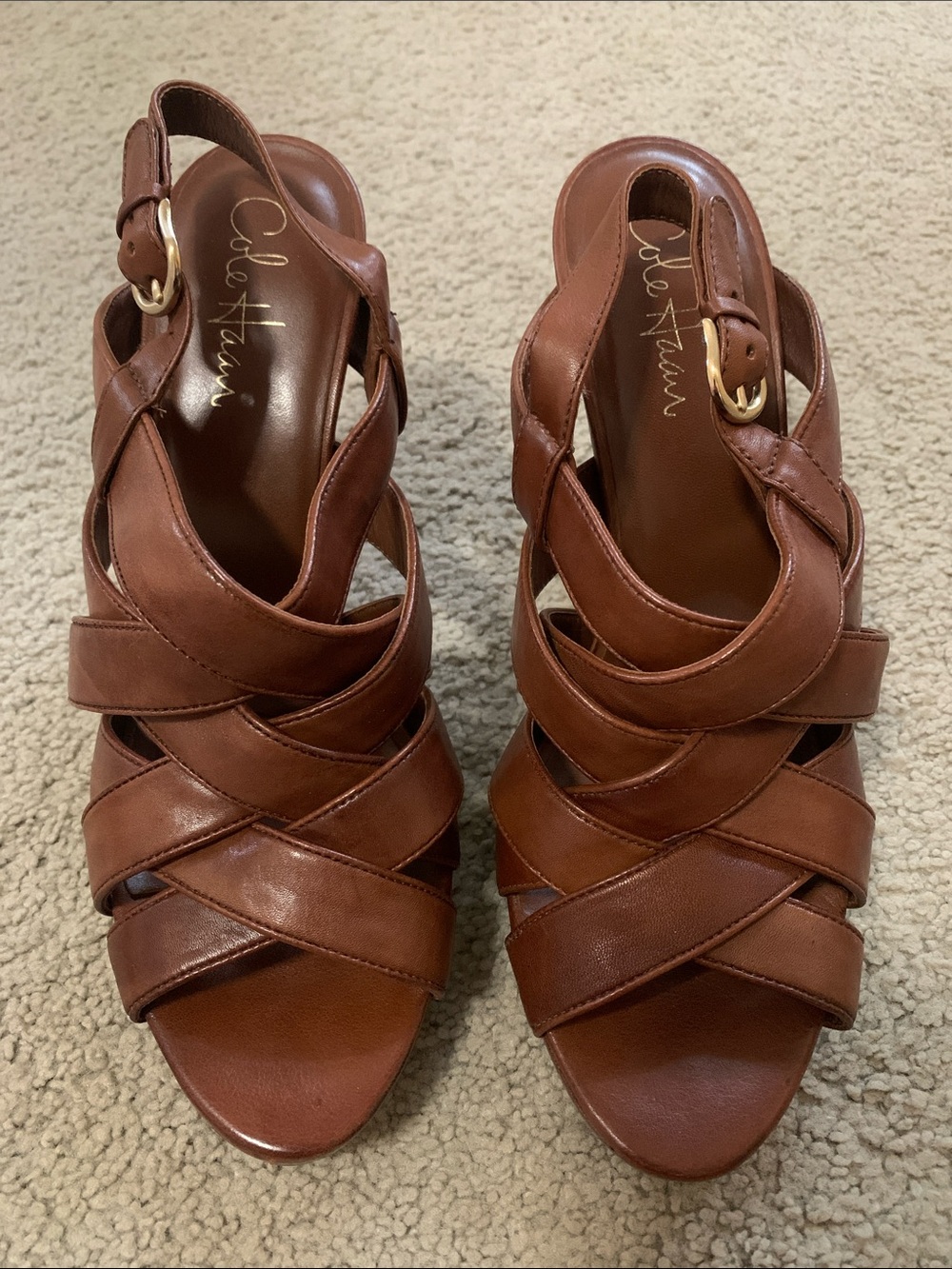 Cole Haan Brown Leather Cross-Strap Heels with Gold Buckle